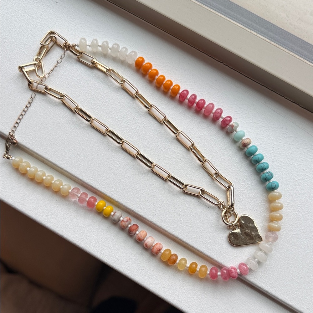 Gold Paperclip Chain Necklace with Multicolor Beads and Heart Charm